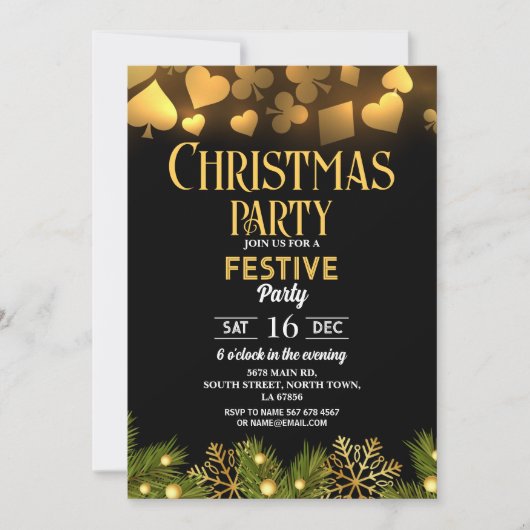 クリスマスカジノのプレイングカード ゴールド ブラック フェスティブ 招待状 (正面)