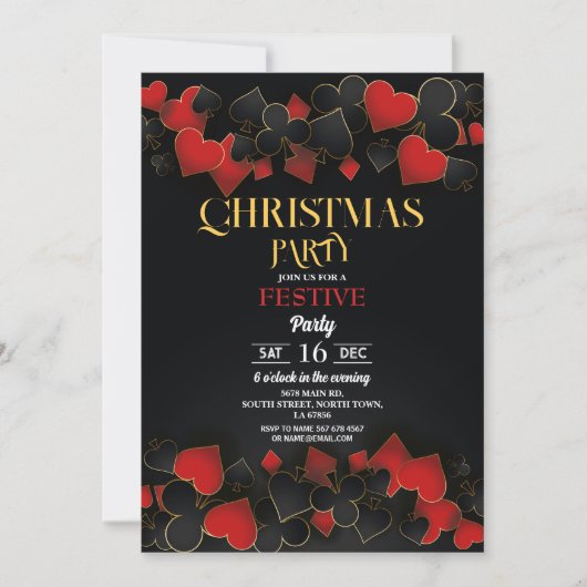 クリスマスカジノのプレイングカード ゴールド ブラック フェスティブ 招待状 (正面)