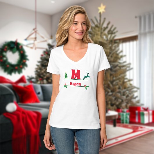 クリスマスカスタムのモノグラムと名前の女性 Tシャツ