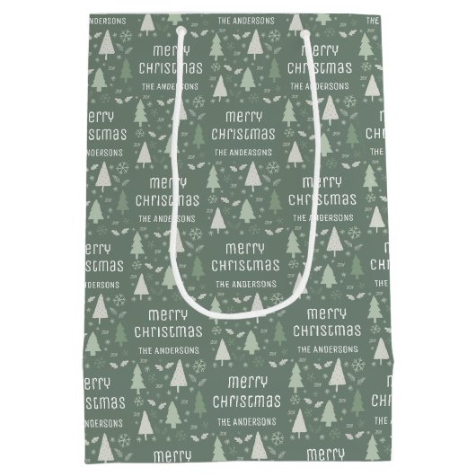 クリスマスカスタムの家族の名前Sage Green ミディアムペーパーバッグ (裏面)