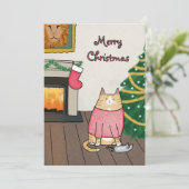 クリスマスカスタムの木の下のおもしろいオレンジの猫のネズミ シーズンカード (スタンド正面)
