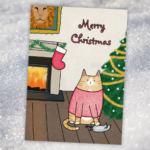 クリスマスカスタムの木の下のおもしろいオレンジの猫のネズミ シーズンカード
