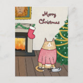 クリスマスカスタムの木の下のおもしろいオレンジの猫のネズミ シーズンポストカード (正面)
