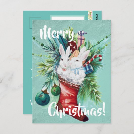 クリスマスカスタムバニーラビットストッキングブルーキュートカップル ポストカード (正面/裏面)