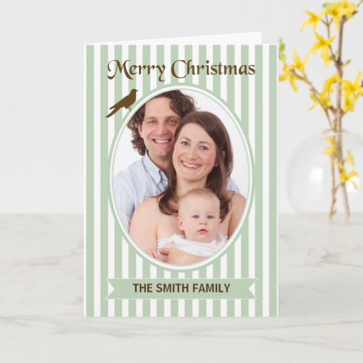 クリスマスカスタムフォトヴィンテージグストライプリーン カード (黄色い花)