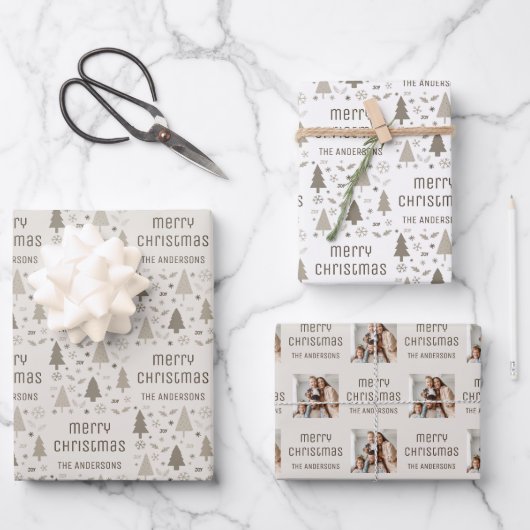 クリスマスカスタム写真の家族の名前 ラッピングペーパーシート (正面)