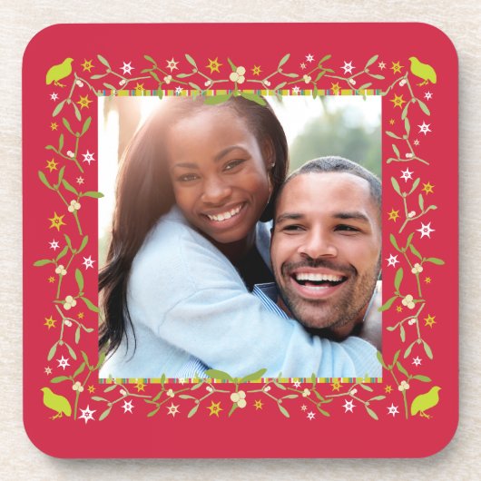 クリスマスカスタム写真の赤いパトリッジとヤドリギ コースター (正面)