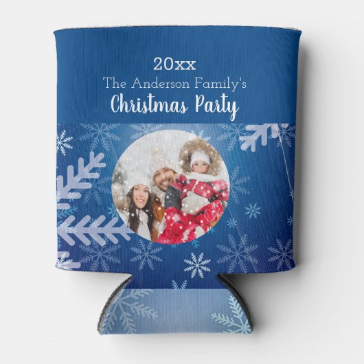 クリスマスカスタム写真の雪の結晶の青い冬 缶クーラー (正面)