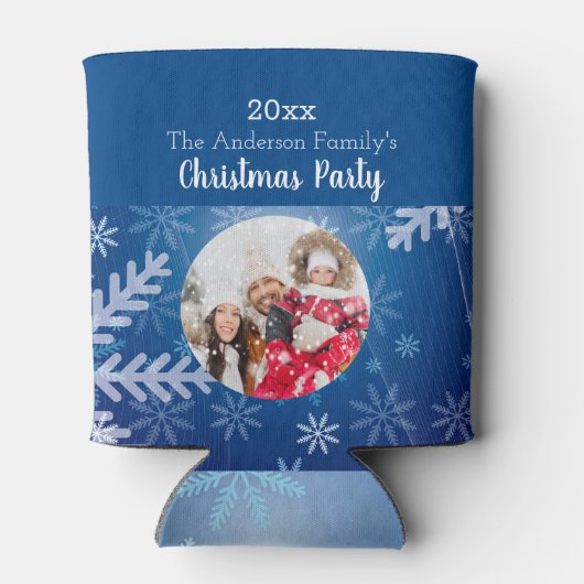 クリスマスカスタム写真の雪の結晶の青い冬 缶クーラー (裏面)