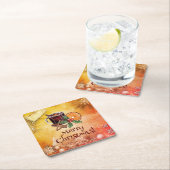 クリスマスカップオレンジホリーベリーシナモングリーティング スクエアペーパーコースター (インサイチュ)