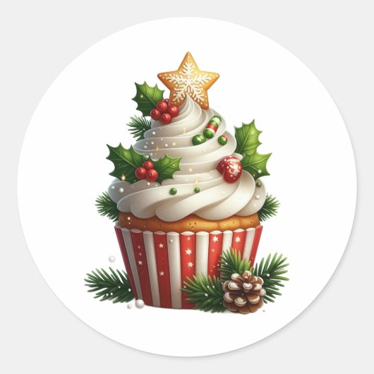 クリスマスカップケーキ シンプル シーズナル ラウンドシール (正面)