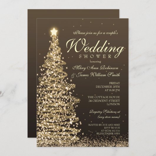 クリスマスカップルのシャワー金ゴールド 招待状 (正面/裏面)