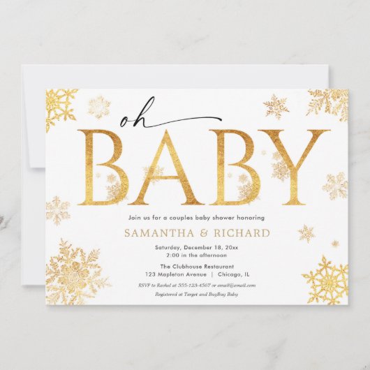 クリスマスカップルのベビーシャワー金ゴールド雪片 招待状 (正面)