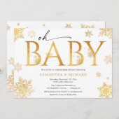 クリスマスカップルのベビーシャワー金ゴールド雪片 招待状 (正面/裏面)