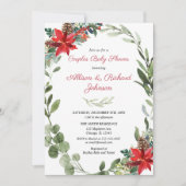 クリスマスカップルの赤ちゃんシャワー緑のリース 招待状 (正面)