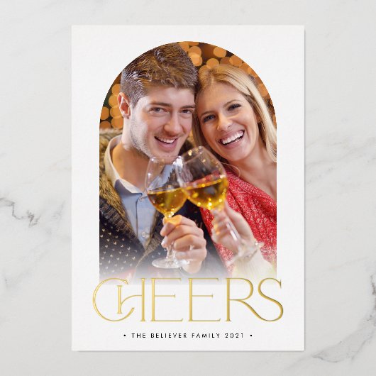 クリスマスカップルモダンアーチフォト応援オーバーレイ 箔招待状 (正面)