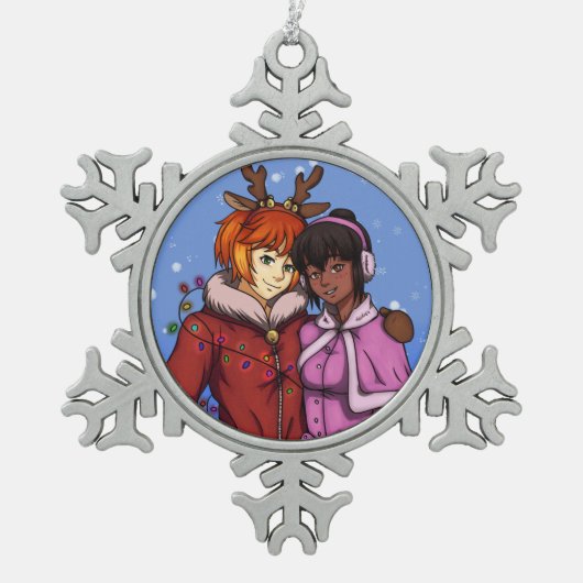 クリスマスカップル スノーフレークピューターオーナメント (正面)