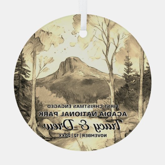 クリスマスカディア国立公園セピア婚約カップル ガラスオーナメント (裏面)