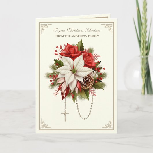 クリスマスカトリックのロザリオのメアリーハートポインセティアス シーズンカード (正面)