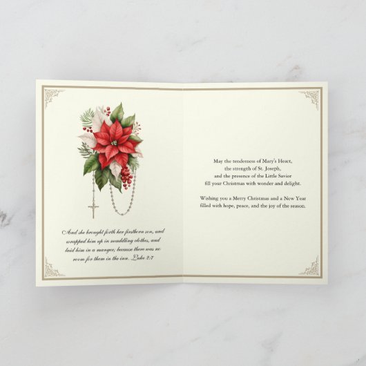 クリスマスカトリック金ゴールドクロスポインセチア シーズンカード (内部)