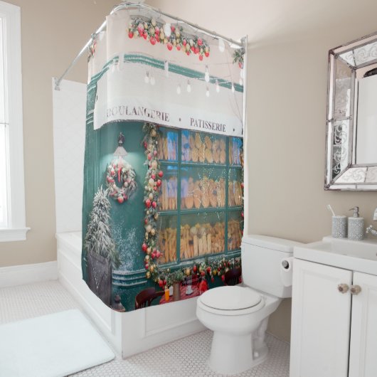 クリスマスカフェのベーカリーの外観とクリスマスデコ シャワーカーテン (インサイチュ)