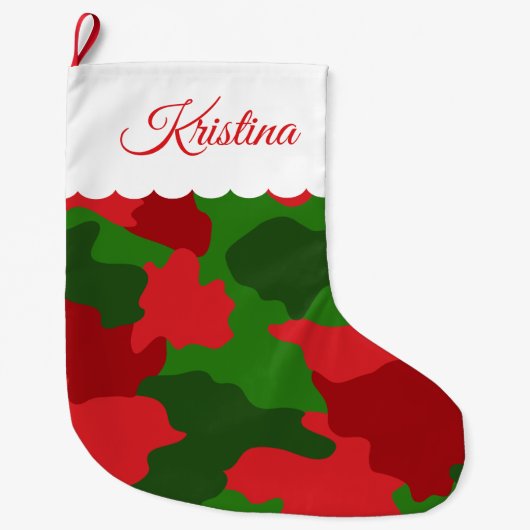 クリスマスカモフラージュ赤緑モノグラム名 ラージクリスマスストッキング (正面)