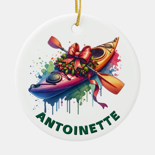 クリスマスカヤック名前をカスタムする セラミックオーナメント (正面)