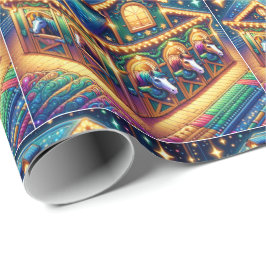 クリスマスカラフルの納屋から眺めている馬 ラッピングペーパー