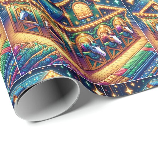 クリスマスカラフルの納屋から眺めている馬 ラッピングペーパー (ロールコーナー)