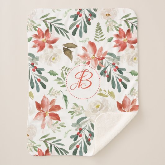 クリスマスカラフルの花の模様モノグラム シェルパブランケット (正面)