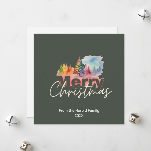 クリスマスカラフルウィンターワンダーランドの水彩画 シーズンカード (正面/裏面インサイチュ)