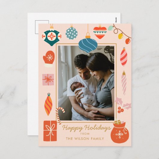 クリスマスカラフルオーナメントかわいい家族写真 シーズンポストカード (正面/裏面)