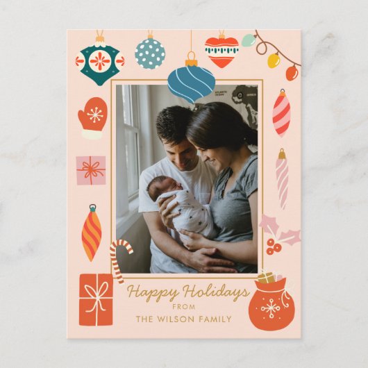クリスマスカラフルオーナメントかわいい家族写真 シーズンポストカード (正面)