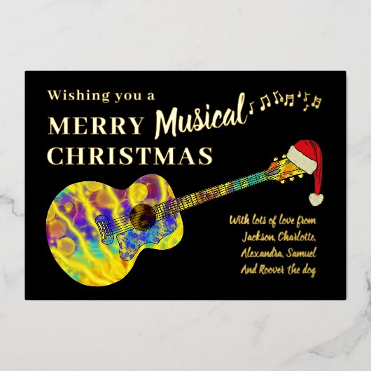 クリスマスカラフルギターパーソナライズされた金ゴールド 箔シーズンカード (正面)
