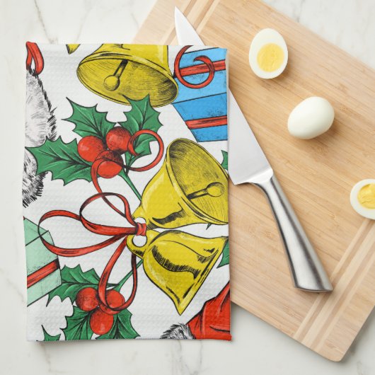 クリスマスカラフルギフト赤サンタ帽子の休日 キッチンタオル (四つ折り)