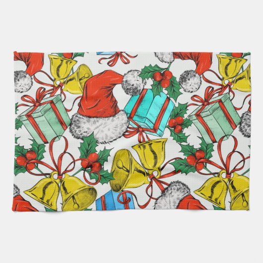 クリスマスカラフルギフト赤サンタ帽子の休日 キッチンタオル (横)