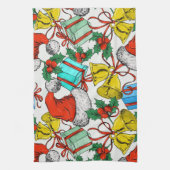 クリスマスカラフルギフト赤サンタ帽子の休日 キッチンタオル (縦)