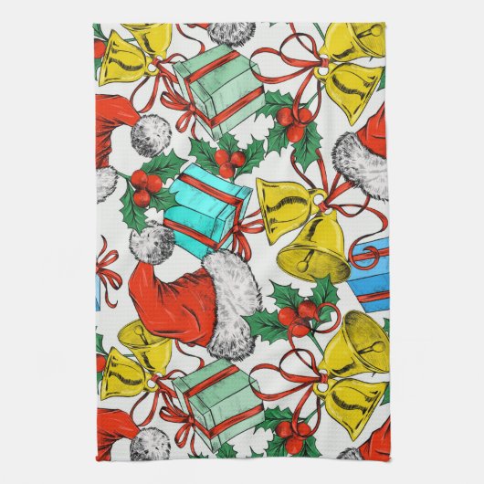 クリスマスカラフルギフト赤サンタ帽子の休日 キッチンタオル (縦)