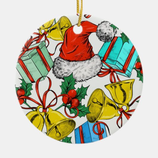 クリスマスカラフルギフト赤サンタ帽子の休日 セラミックオーナメント (正面)