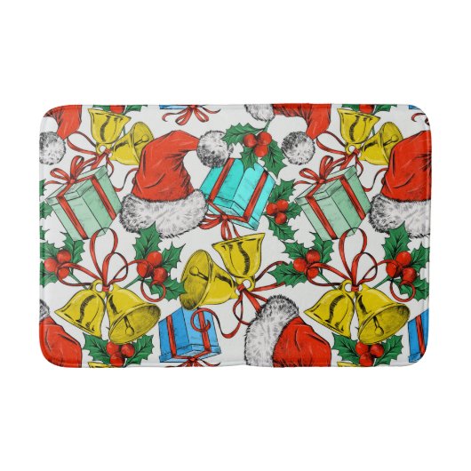 クリスマスカラフルギフト赤サンタ帽子の休日 バスマット (正面)