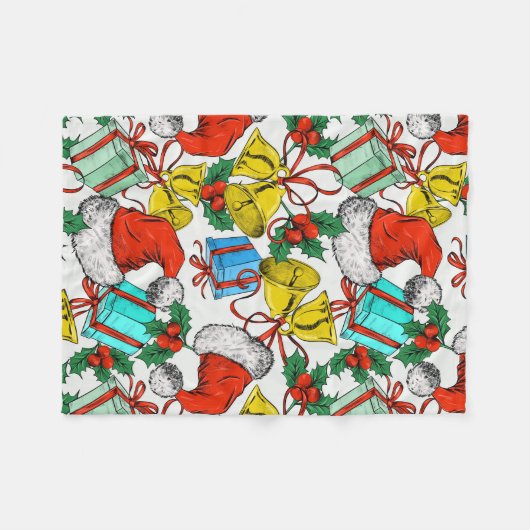 クリスマスカラフルギフト赤サンタ帽子の休日 フリースブランケット (正面(横))