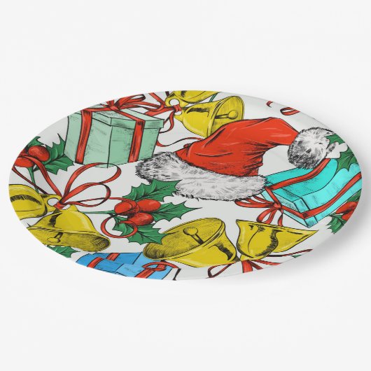 クリスマスカラフルギフト赤サンタ帽子の休日 ペーパープレート (アングル)