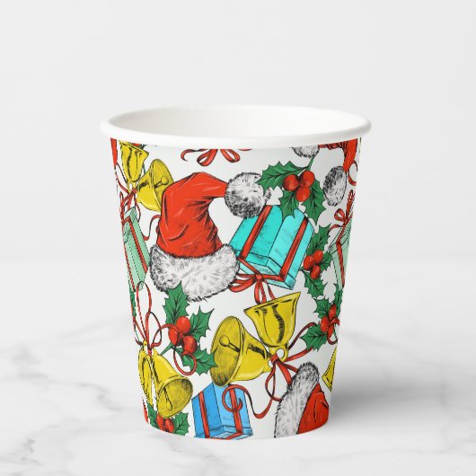 クリスマスカラフルギフト赤サンタ帽子の休日 紙コップ (正面)