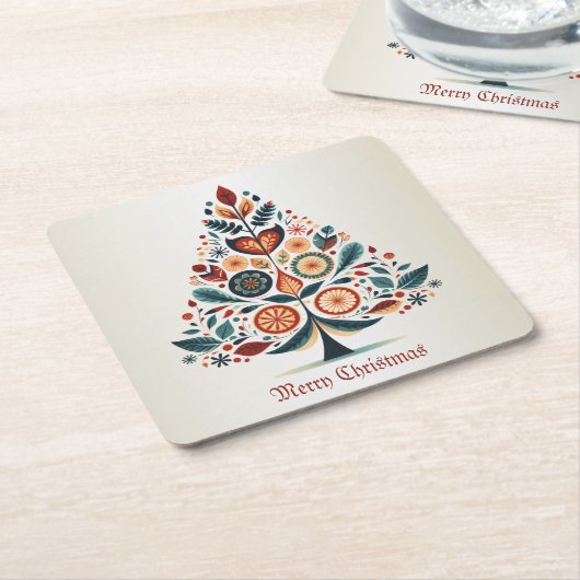 クリスマスカラフルツリースカンジナビアフォークアート スクエアペーパーコースター (アングル)