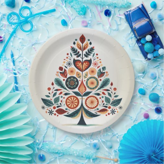 クリスマスカラフルツリースカンジナビアフォークアート ペーパープレート (パーティー)