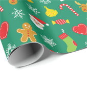 クリスマスカラフルパターンの緑の背景 ラッピングペーパー (ロールコーナー)