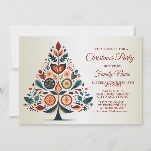 クリスマスカラフルパーティーツリースカンジナビアフォークアート 招待状 (正面)