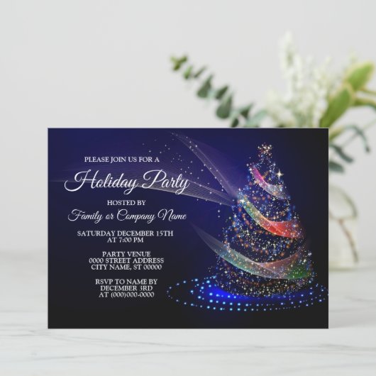 クリスマスカラフルパーティーツリーネイビーブルー素朴 招待状 (スタンド正面)