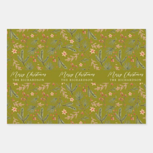 クリスマスカラフルボミニマルタニカルフローラクリスマス ラッピングペーパーシート (正面)