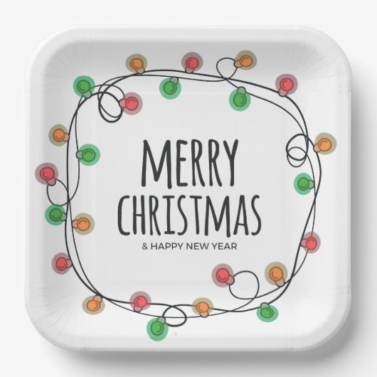クリスマスカラフルライツメリークリスマスパーティー ペーパープレート (正面)